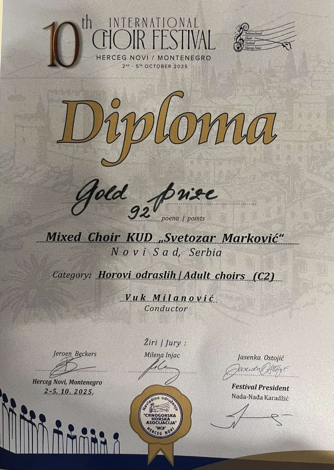 Zlatna nagrada za naš hor na međunarodnom takmičenju u Herceg Novom